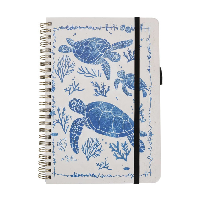 A4 Wiro side-bound notebook featuring a blue and white design of sea turtles and coral. Includes an elastic band closure.