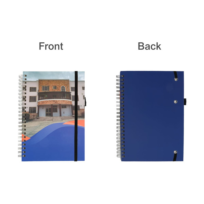 A5 wiro-bound notebook featuring a photographic front cover and a solid blue back cover, complete with branding.