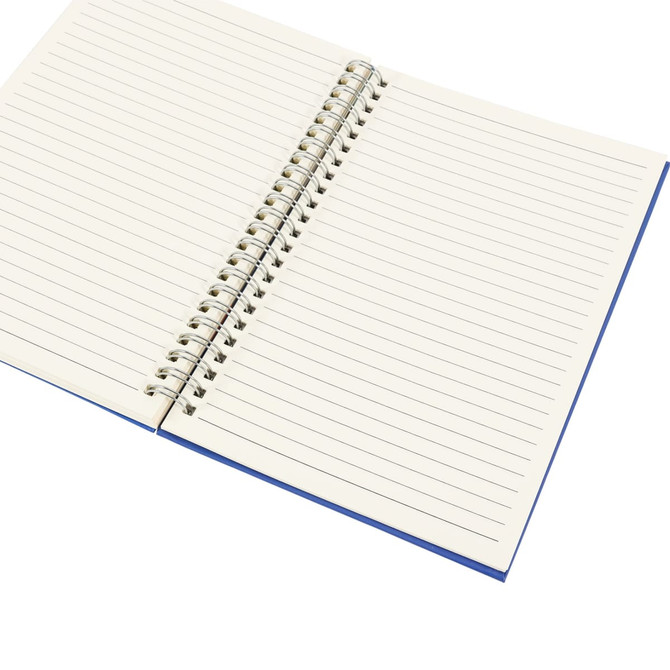 A5 wiro side bound notebook with lined pages and a blue cover. It features a spiral binding for easy page turning.