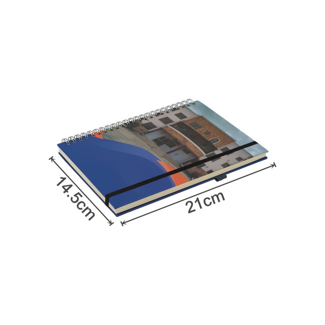 A5 wiro-bound notebook with a blue cover and an elastic closure, featuring a printed design on the front.