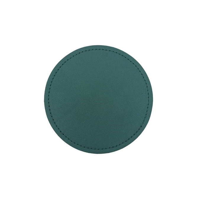 A green PU coaster with a smooth texture and stitched border. It has a circular shape and features a logo.