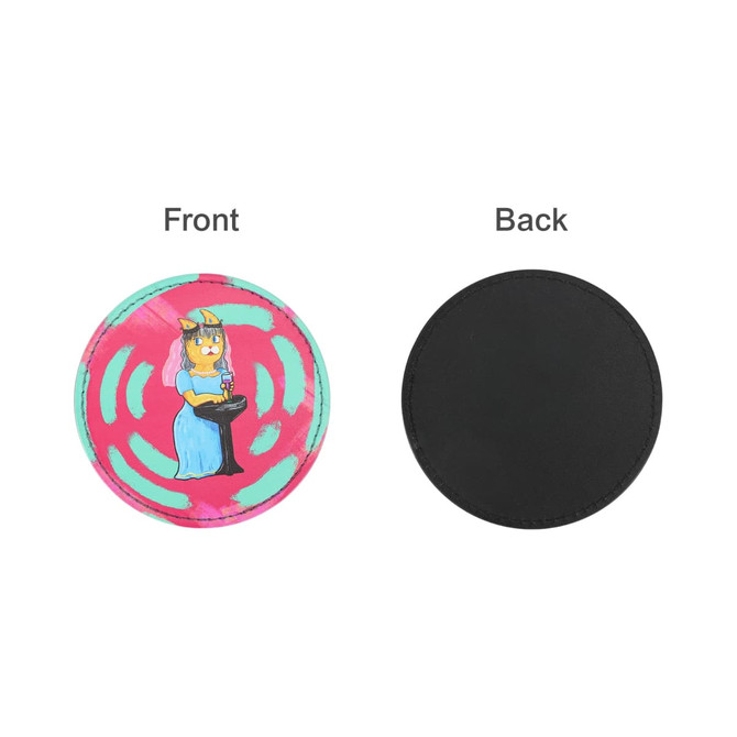A round PU coaster featuring a colourful design on one side and a plain black back.