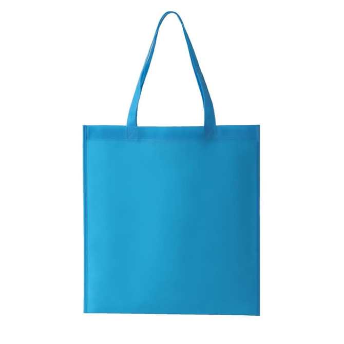 A blue non-woven tote bag with two handles and a blank surface, featuring a logo.