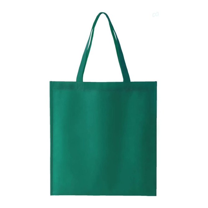 A green non-woven tote bag with two handles and a blank surface, featuring a logo.