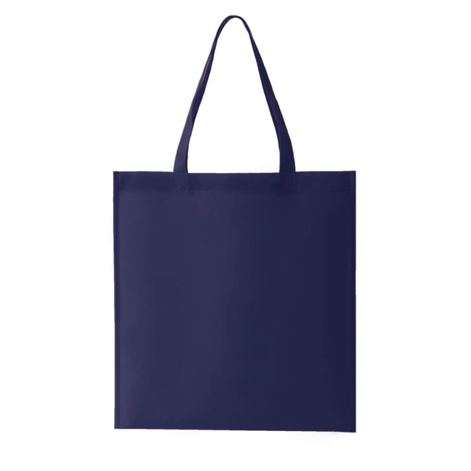 A navy blue non-woven tote bag with two handles and a blank surface. It features a logo.