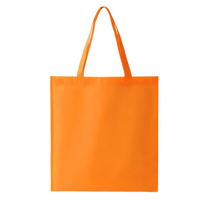 An orange non-woven tote bag with two handles and a simple design. It has a logo on one side.