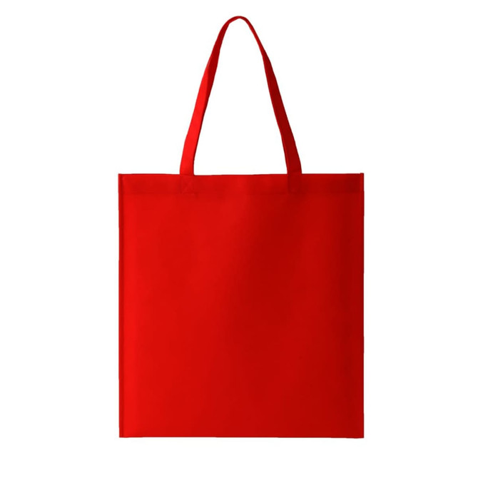 A red non-woven tote bag with two handles and a simple design featuring a logo.
