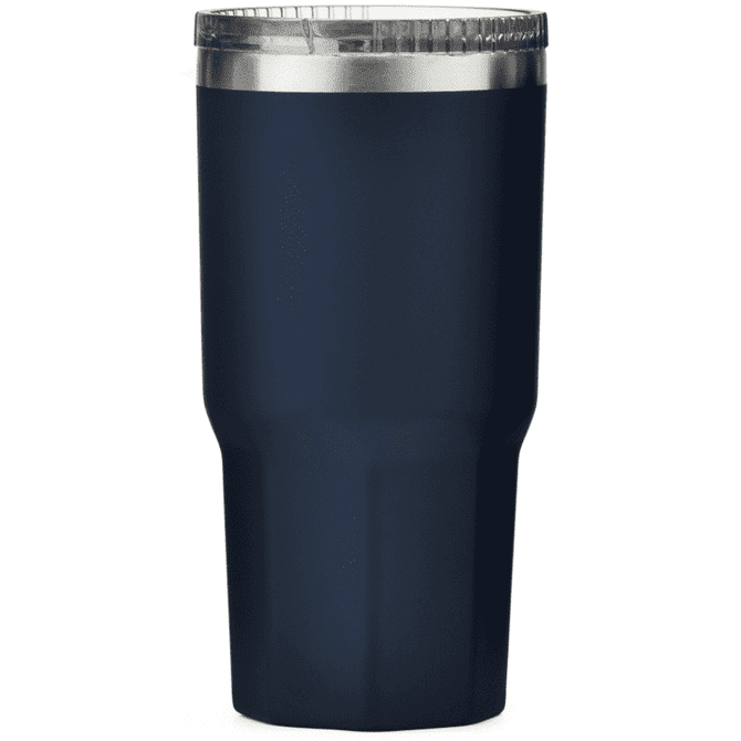 A drink bottle in navy blue with a stainless steel lid and a sleek, tapered design. It features a logo.