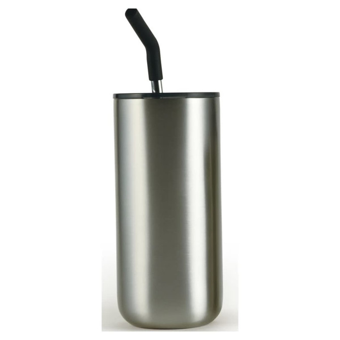 A drink bottle in a sleek silver finish with a black straw and a black lid, featuring a logo.
