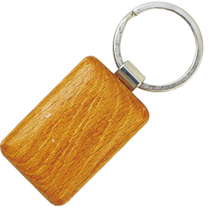 A wooden keyring with a smooth rectangular surface and a metal ring. The keyring has a warm, light brown colour.
