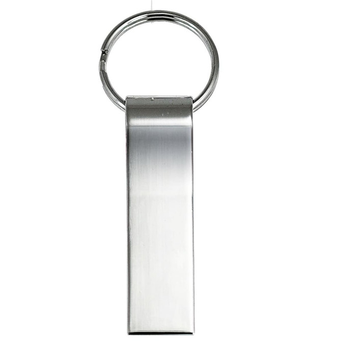 A keychain with a sleek, elongated silver metallic body and a circular attachment ring.