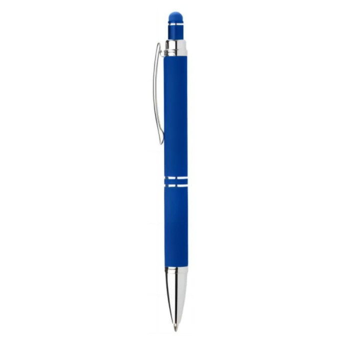 A blue pen with a silver clip, featuring a stylus tip and two silver stripes on the barrel. Includes branding.