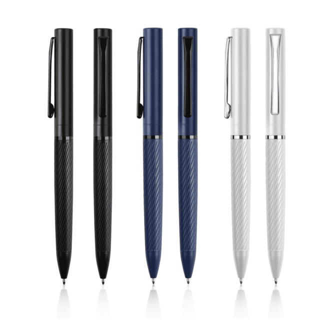 A collection of three Orion pens in black, navy blue, and silver, featuring a textured grip and clips.
