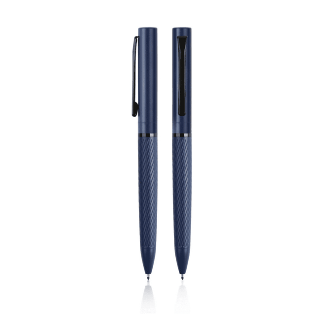 A navy blue pen with a textured design and a clip, featuring a clear window on one side.