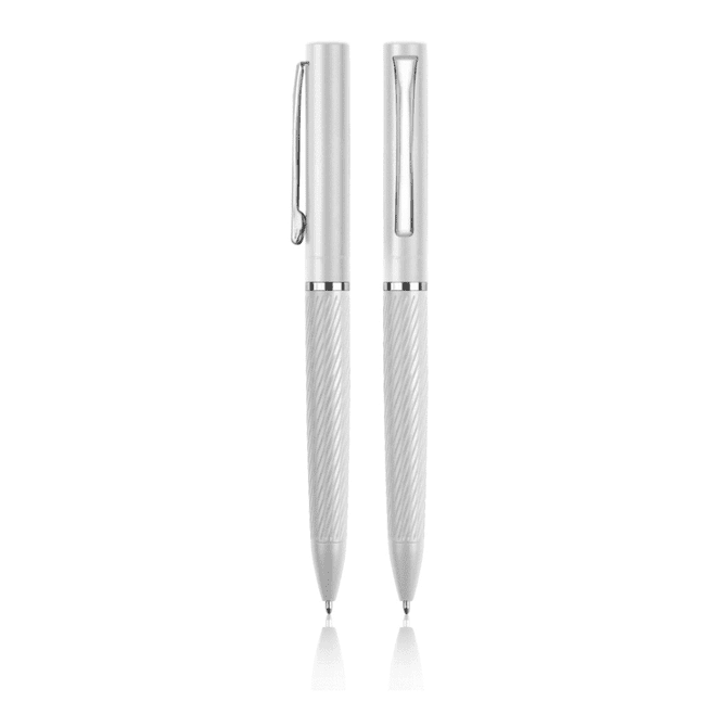 A set of two white pens with silver accents and a textured grip, featuring a logo on one pen.
