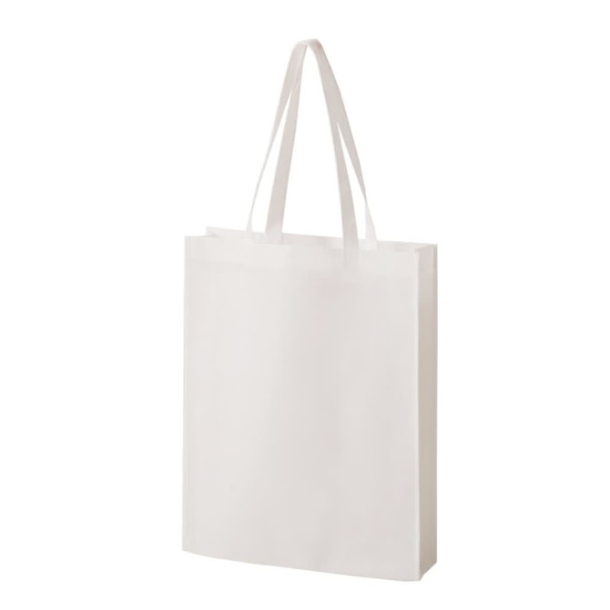 A white non-woven tote bag with two handle straps and a simple design. It has a logo on one side.
