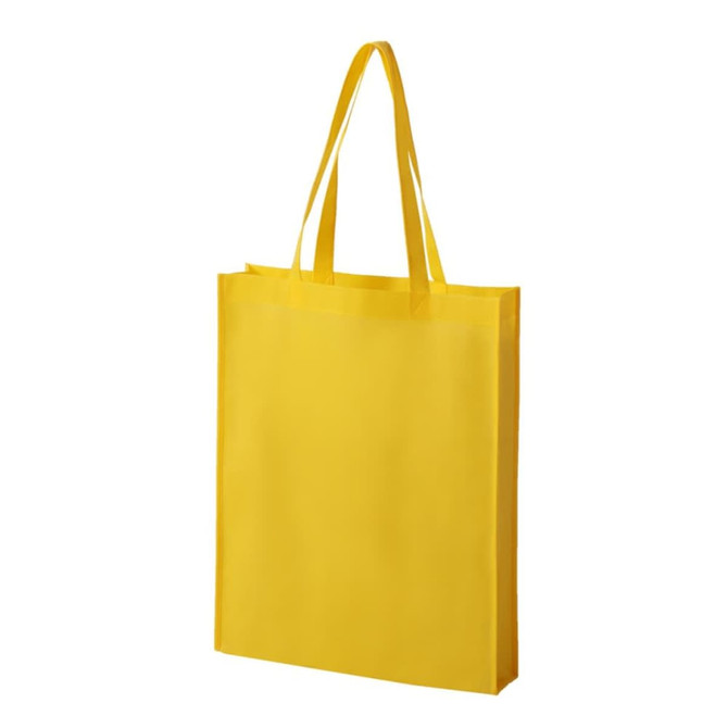 A yellow non-woven tote bag with two shoulder straps and a simple design, featuring a logo.