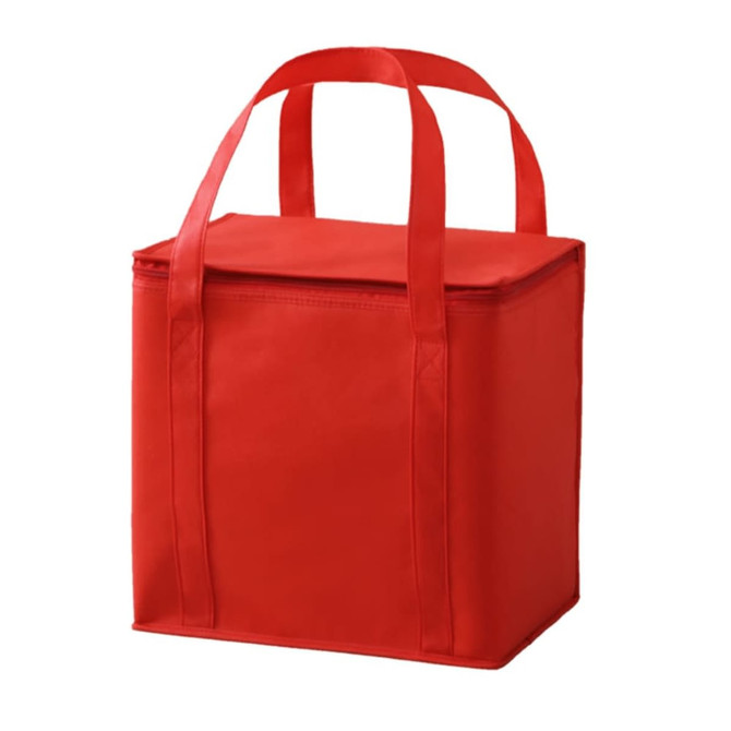 A red insulated cooler bag with two handles and a zippered top. Features a simple design without visible branding.