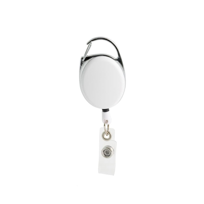 A Premium Retractable ID Badge Holder with a white circular casing and a clear badge clip.
