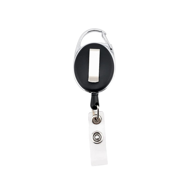A black and silver premium retractable ID badge holder with a clear reel and a clip.