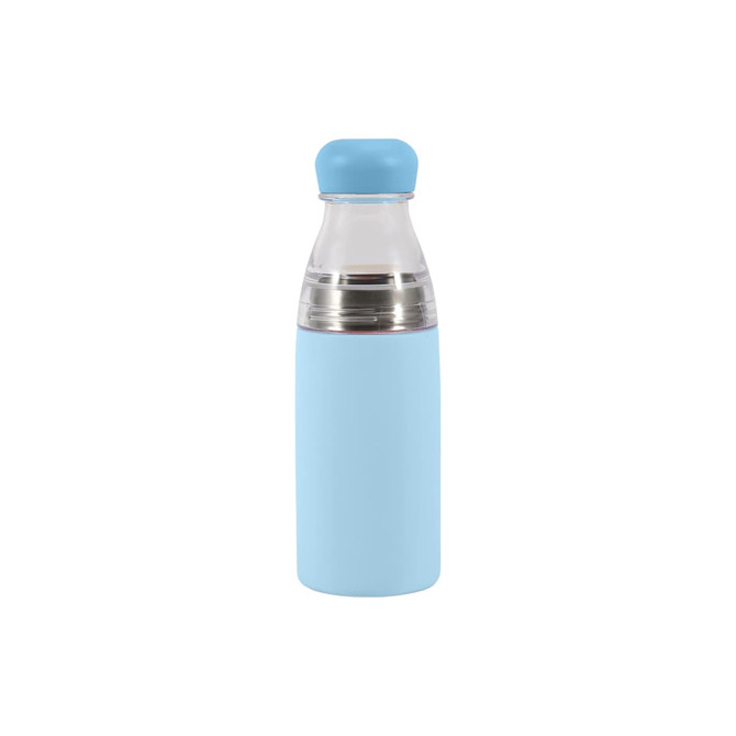 A drink bottle in light blue with a stainless steel vacuum section and a matching cap. It features a logo.