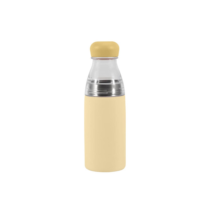 A drink bottle featuring a stainless steel body with a pale yellow finish and a clear plastic top, includes a logo.