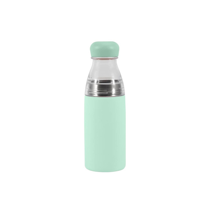 A drink bottle featuring a mint green exterior and a stainless steel base, topped with a matching lid. It has a logo.