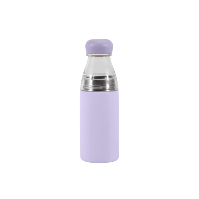A drink bottle in a lilac colour with a stainless steel base, featuring a clear, screw-on lid and a logo.