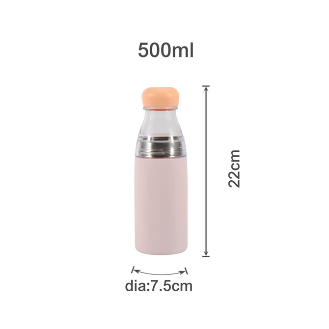A drink bottle featuring a stainless steel vacuum design in pink and peach, with a transparent upper section and a logo.