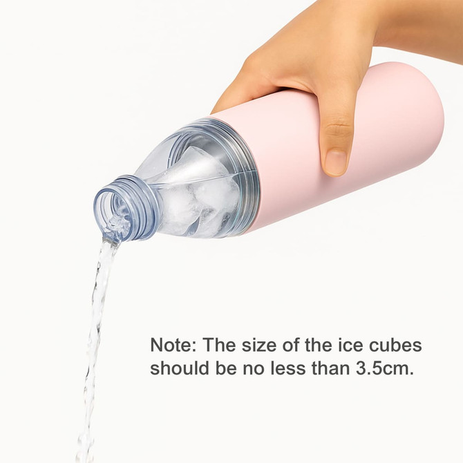 A drink bottle in pink with a transparent lid, being poured with water. It has a logo on the side.