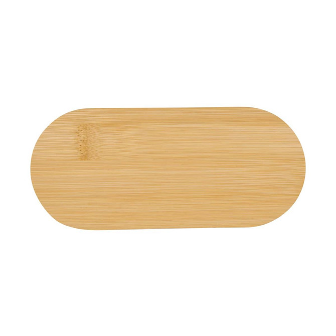 A wooden phone stand with a smooth, oval shape and a natural bamboo finish.