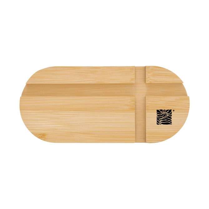 A bamboo phone stand featuring a simple, oval design and a branded logo on the side.