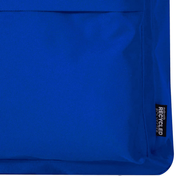 A blue laptop backpack made from recycled materials, featuring a front pocket and a label indicating its eco-friendly design.