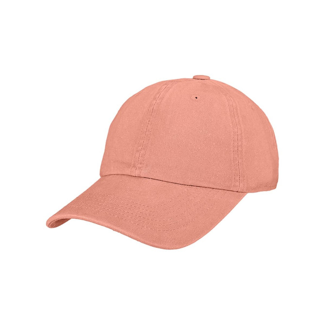 A premium washed cotton baseball cap in a soft coral colour, featuring an adjustable strap and a logo.