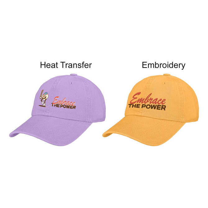 A purple washed cotton baseball cap with embroidery and a yellow cap featuring heat transfer design. Both have branding.
