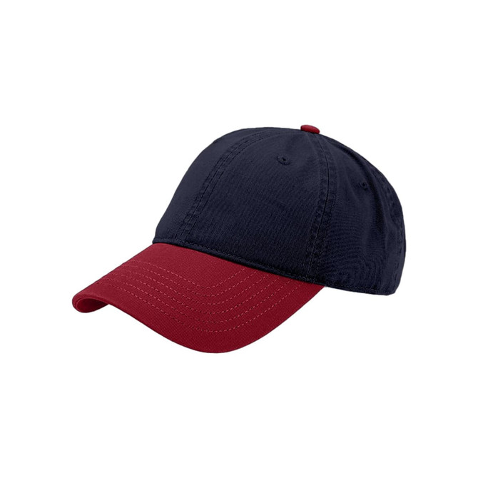A solid colour cap featuring a navy blue body and a red brim, complete with a logo on the front.