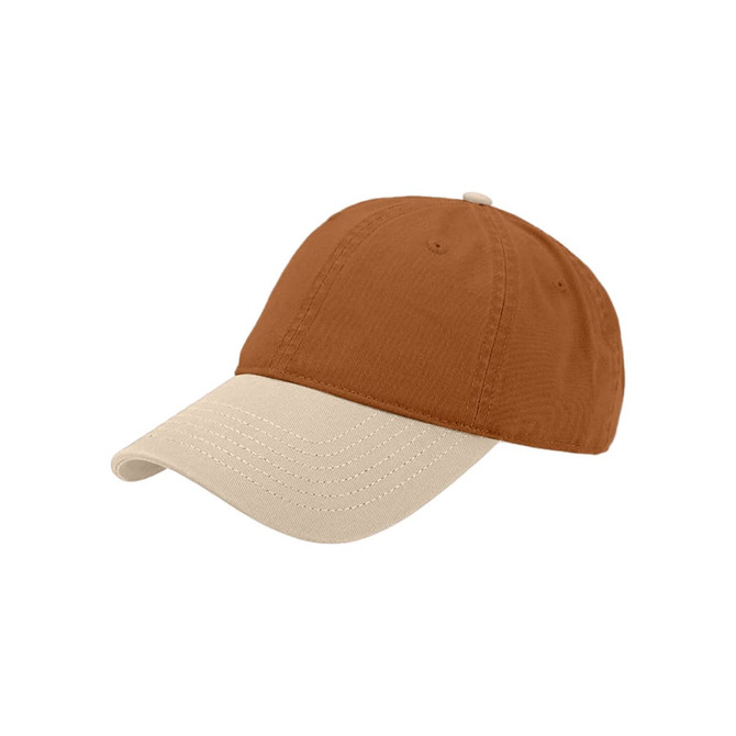A solid colour fashion cap in brown and beige, featuring a curved brim and a logo on the front.