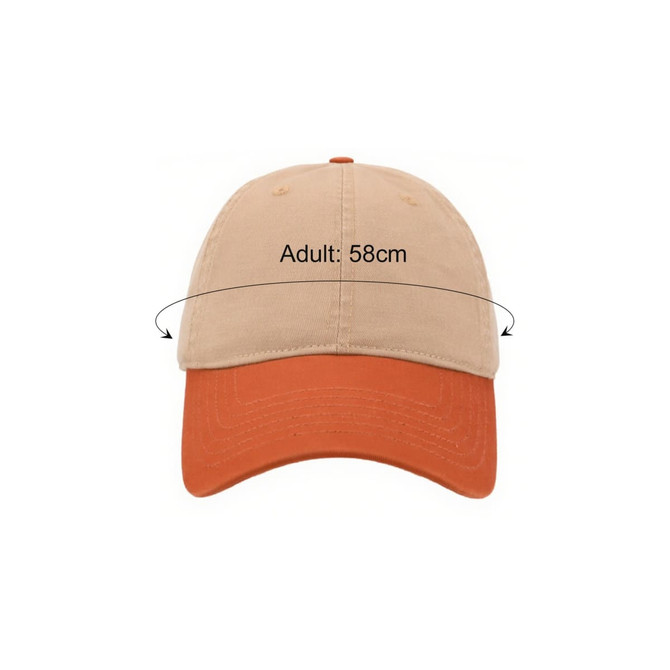 A solid colour fashion cap featuring a beige top and an orange peak, with a logo on the front.