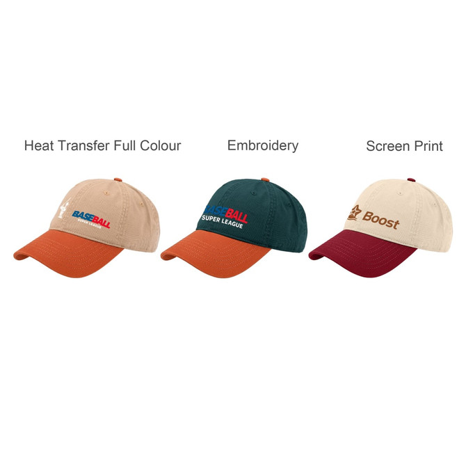 A collection of three 6-panel solid colour fashion caps in beige, dark green, and maroon, featuring various branding options.
