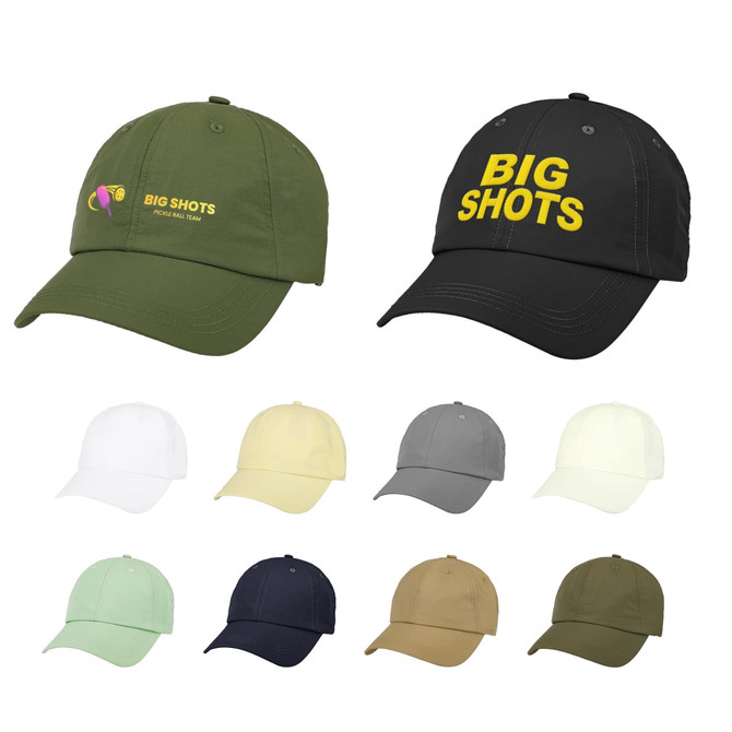 A collection of lightweight caps in various colours, featuring a logo on some styles.