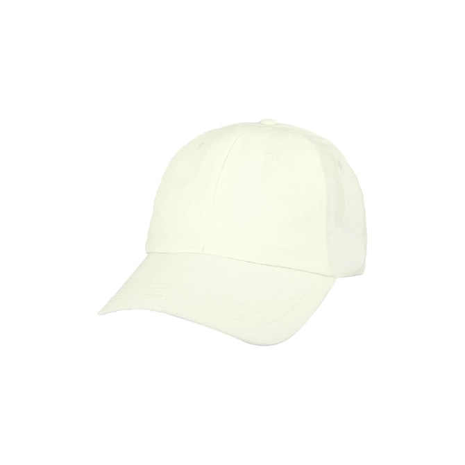 A white lightweight cap with a curved brim and a logo on the front.