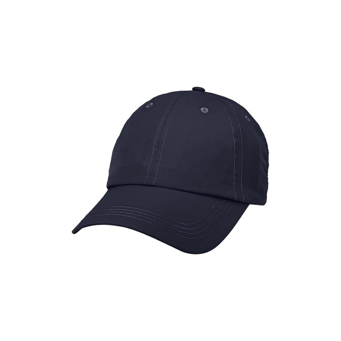 A lightweight cap in navy blue with visible stitching details and an adjustable strap at the back.