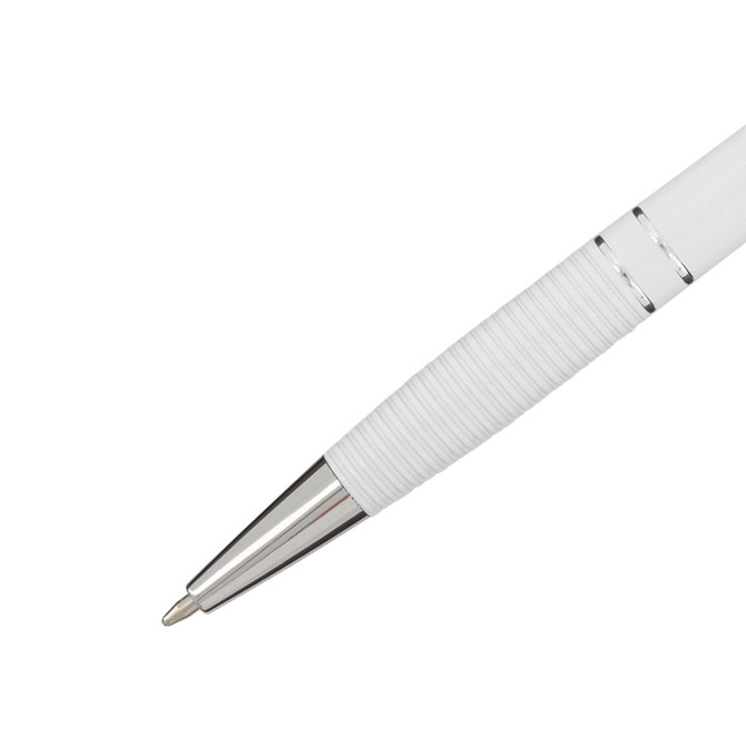 A white aluminium pen with a textured grip and metallic accents, featuring a logo on the barrel.