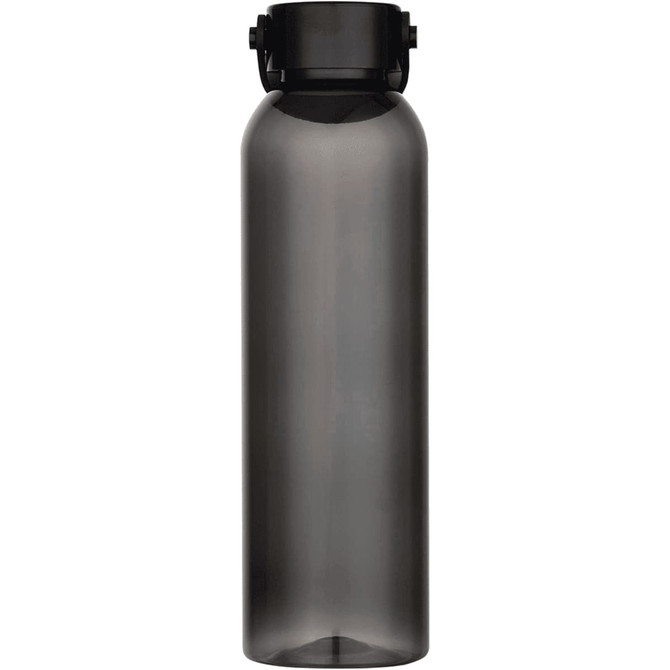A drink bottle made from recycled plastic, featuring a dark grey body and a secure black lid.
