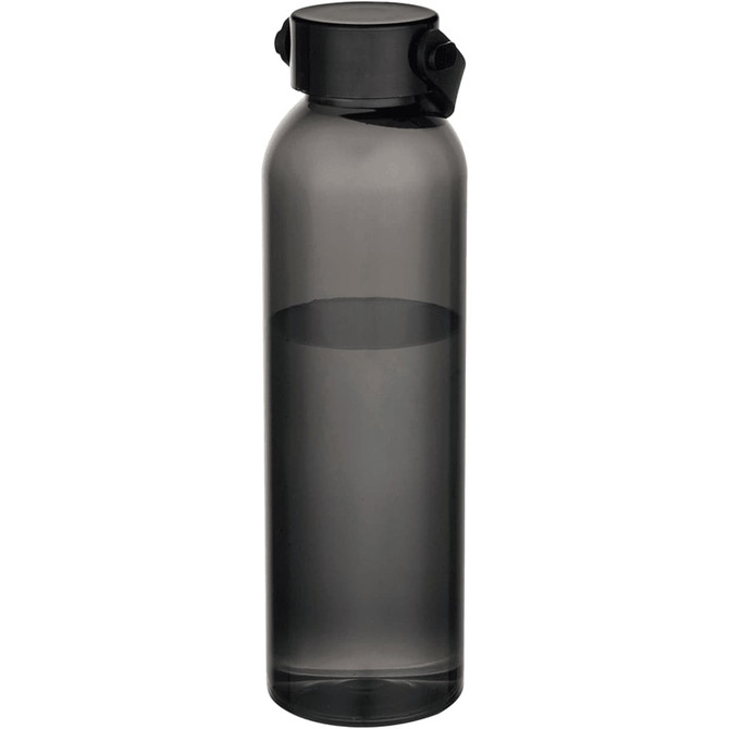 A drink bottle made from recycled plastic, featuring a sleek dark grey design and a black lid.