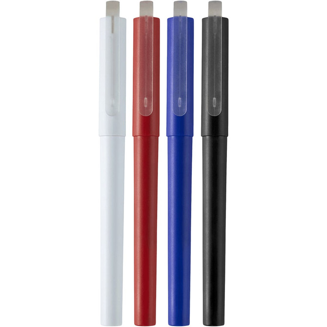 Four gel rollerball pens in white, red, blue, and black, featuring a clip and a logo on the body of each pen.