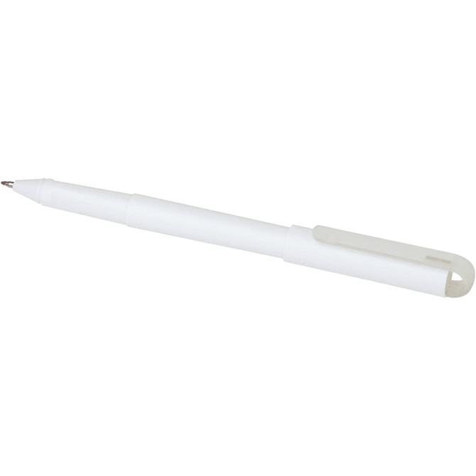 A white rollerball pen made from recycled PET, featuring a clip and a branding logo.