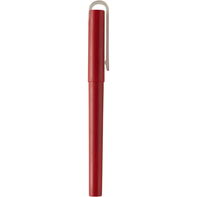 A red gel rollerball pen with a light-coloured clip and a simple design. It features a logo on the barrel.