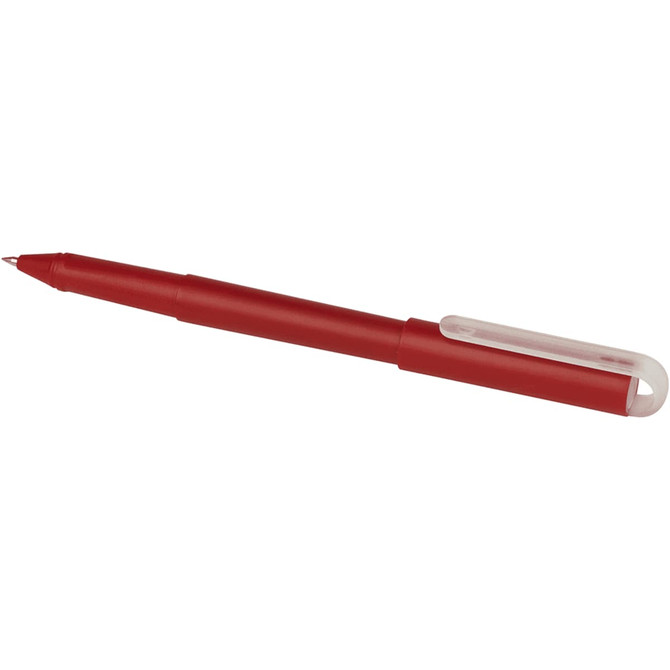 A red gel rollerball pen with a white clip and logo. The pen features a sleek, modern design.