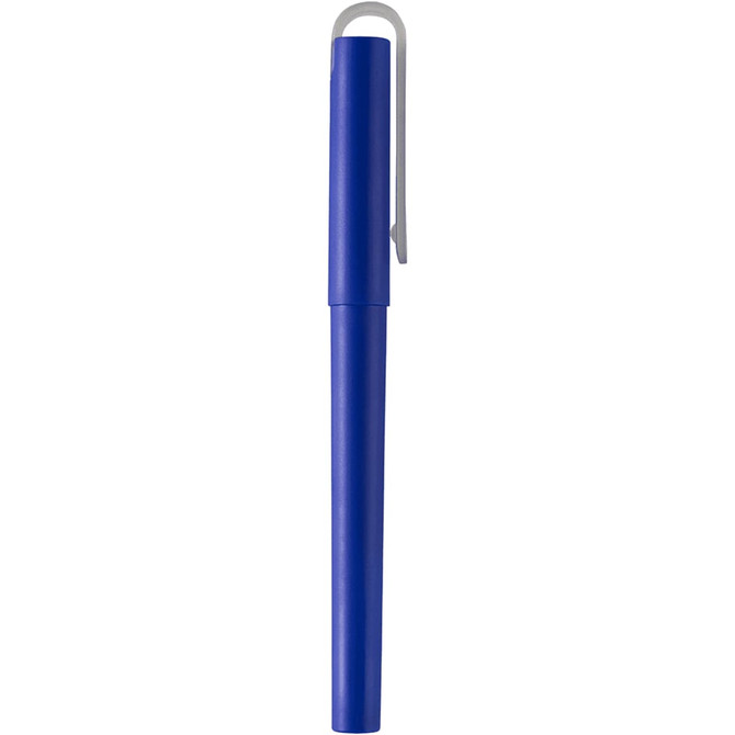 A blue rollerball pen with a silver clip, made from recycled PET material, featuring a logo.
